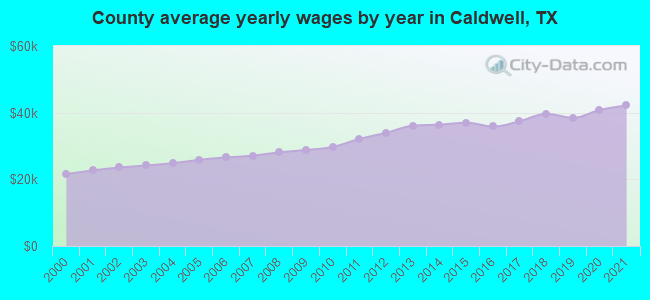 County average yearly wages by year in Caldwell, TX