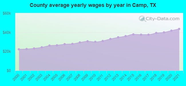 County average yearly wages by year in Camp, TX