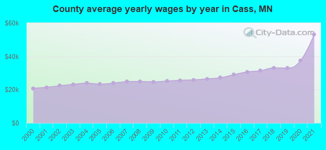 County average yearly wages by year in Cass, MN