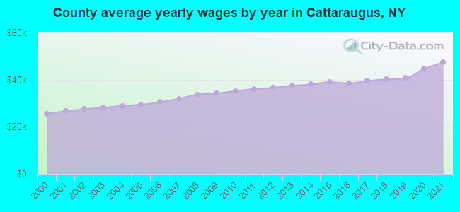 County average yearly wages by year in Cattaraugus, NY