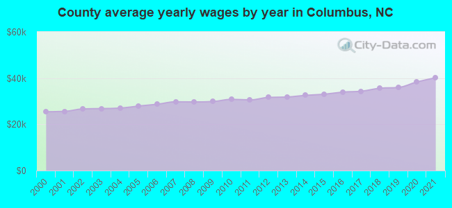 County average yearly wages by year in Columbus, NC