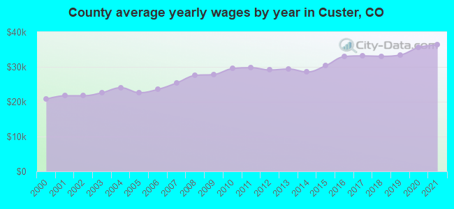 County average yearly wages by year in Custer, CO