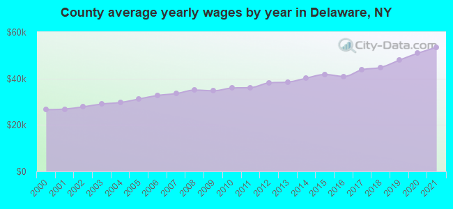 County average yearly wages by year in Delaware, NY