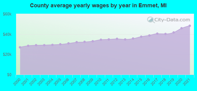 County average yearly wages by year in Emmet, MI