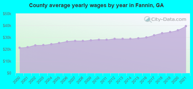 County average yearly wages by year in Fannin, GA