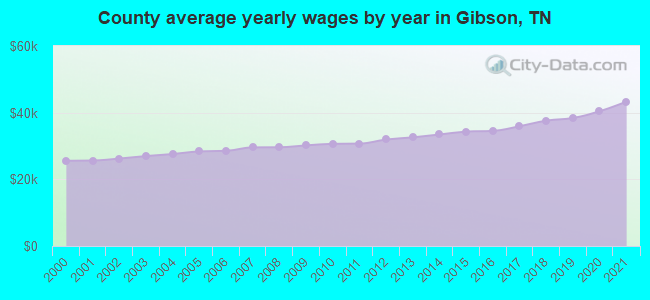 County average yearly wages by year in Gibson, TN