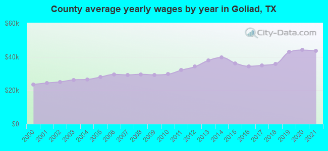 County average yearly wages by year in Goliad, TX