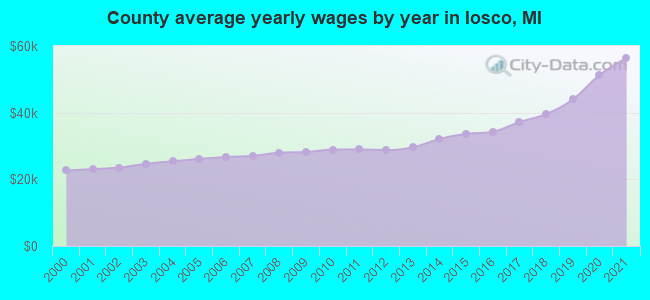 County average yearly wages by year in Iosco, MI