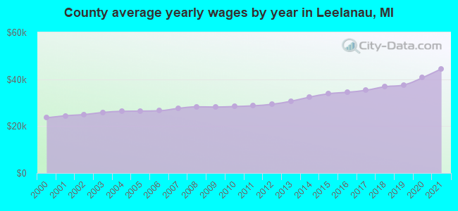 County average yearly wages by year in Leelanau, MI