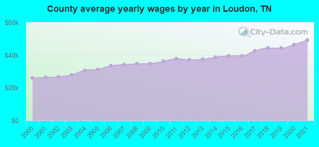 County average yearly wages by year in Loudon, TN