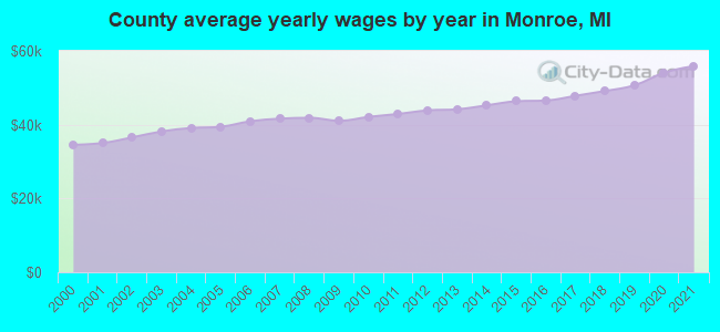 County average yearly wages by year in Monroe, MI