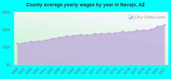 County average yearly wages by year in Navajo, AZ