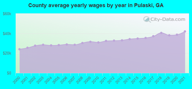 County average yearly wages by year in Pulaski, GA