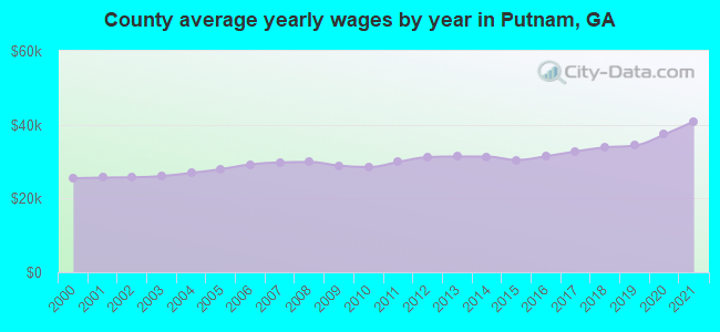 County average yearly wages by year in Putnam, GA