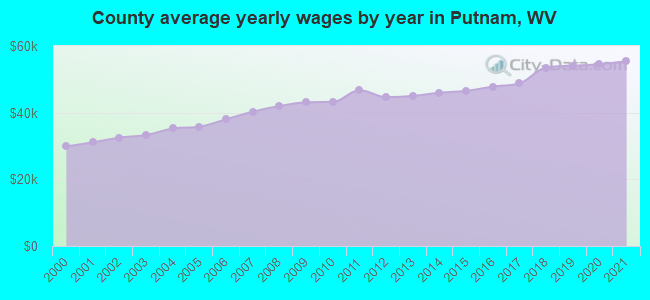 County average yearly wages by year in Putnam, WV