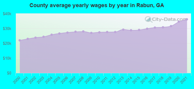 County average yearly wages by year in Rabun, GA