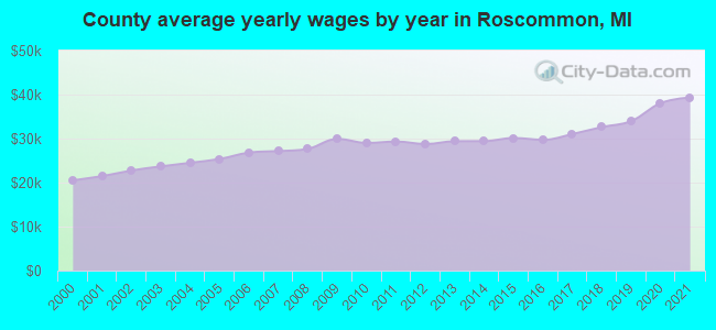 County average yearly wages by year in Roscommon, MI