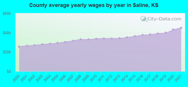 County average yearly wages by year in Saline, KS