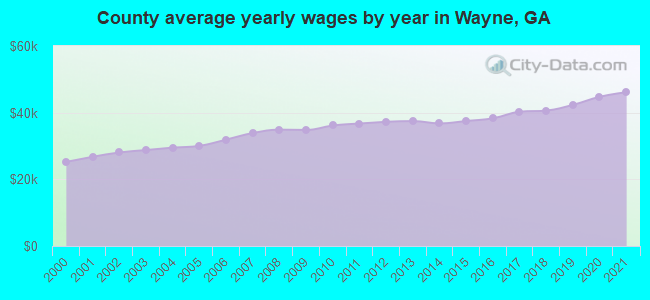 County average yearly wages by year in Wayne, GA