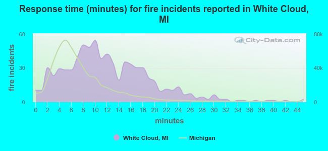 Response time (minutes) for fire incidents reported in White Cloud, MI