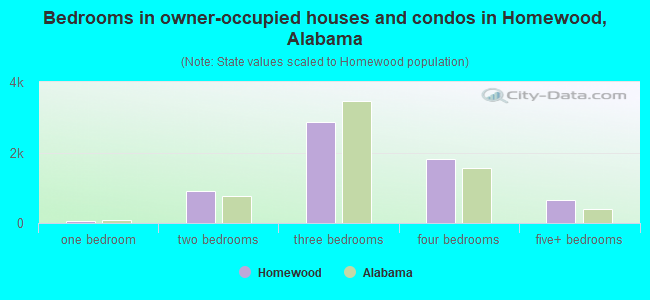 Bedrooms in owner-occupied houses and condos in Homewood, Alabama