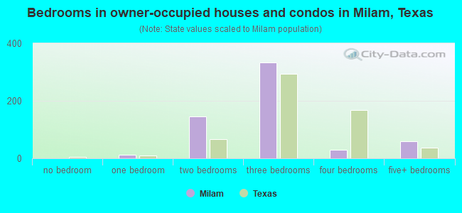 Bedrooms in owner-occupied houses and condos in Milam, Texas