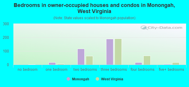 Bedrooms in owner-occupied houses and condos in Monongah, West Virginia
