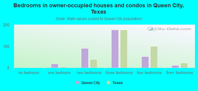 Bedrooms in owner-occupied houses and condos in Queen City, Texas
