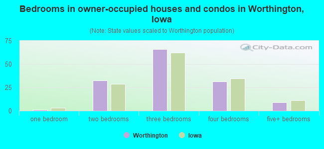 Bedrooms in owner-occupied houses and condos in Worthington, Iowa