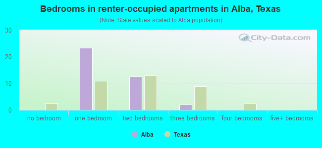 Bedrooms in renter-occupied apartments in Alba, Texas