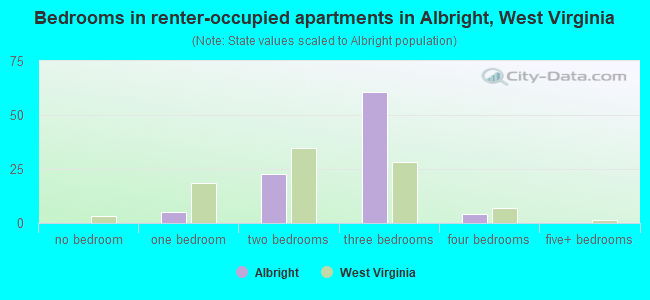 Bedrooms in renter-occupied apartments in Albright, West Virginia