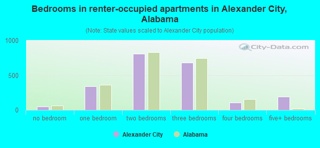 Bedrooms in renter-occupied apartments in Alexander City, Alabama