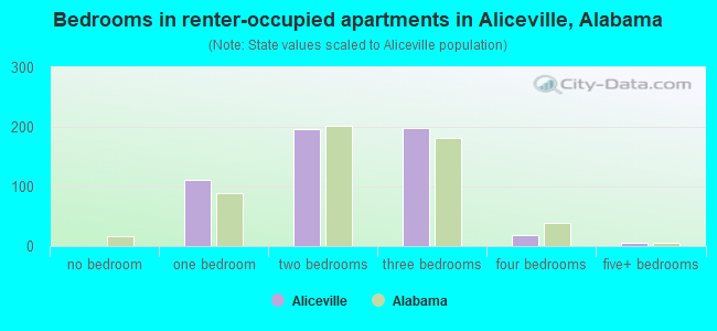Bedrooms in renter-occupied apartments in Aliceville, Alabama