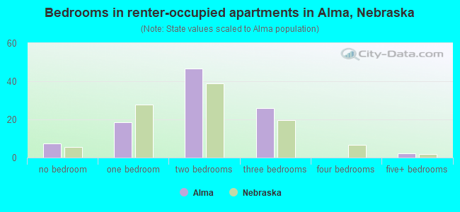 Bedrooms in renter-occupied apartments in Alma, Nebraska
