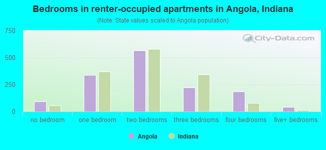 Bedrooms in renter-occupied apartments in Angola, Indiana