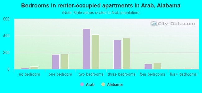 Bedrooms in renter-occupied apartments in Arab, Alabama