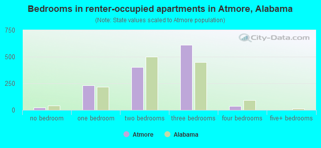 Bedrooms in renter-occupied apartments in Atmore, Alabama