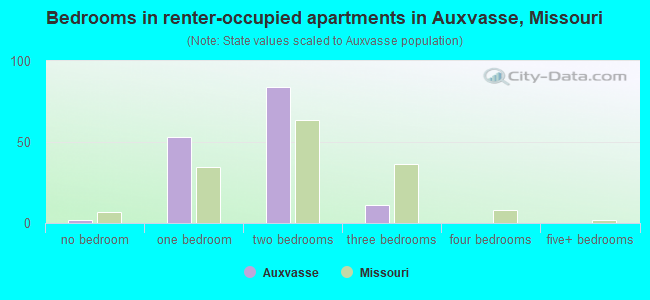 Bedrooms in renter-occupied apartments in Auxvasse, Missouri