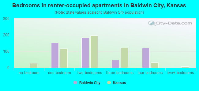 Bedrooms in renter-occupied apartments in Baldwin City, Kansas