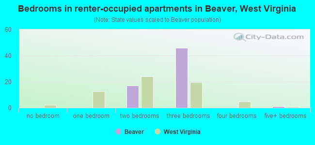 Bedrooms in renter-occupied apartments in Beaver, West Virginia