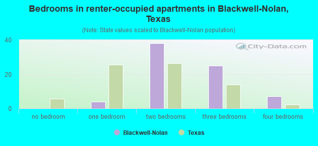 Bedrooms in renter-occupied apartments in Blackwell-Nolan, Texas