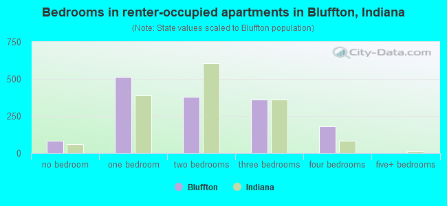Bedrooms in renter-occupied apartments in Bluffton, Indiana