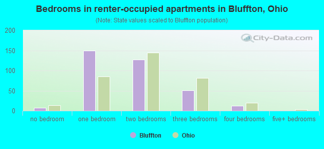 Bedrooms in renter-occupied apartments in Bluffton, Ohio