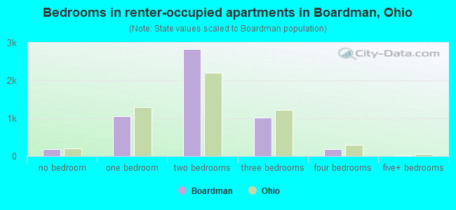 Bedrooms in renter-occupied apartments in Boardman, Ohio