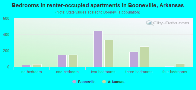 Bedrooms in renter-occupied apartments in Booneville, Arkansas