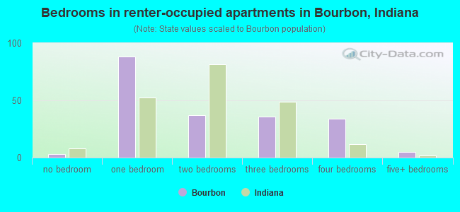 Bedrooms in renter-occupied apartments in Bourbon, Indiana