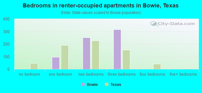 Bedrooms in renter-occupied apartments in Bowie, Texas