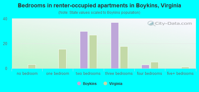 Bedrooms in renter-occupied apartments in Boykins, Virginia
