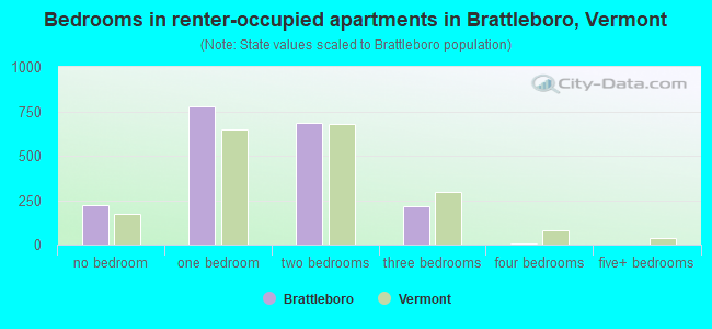 Bedrooms in renter-occupied apartments in Brattleboro, Vermont