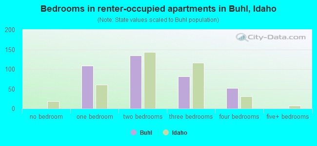 Bedrooms in renter-occupied apartments in Buhl, Idaho